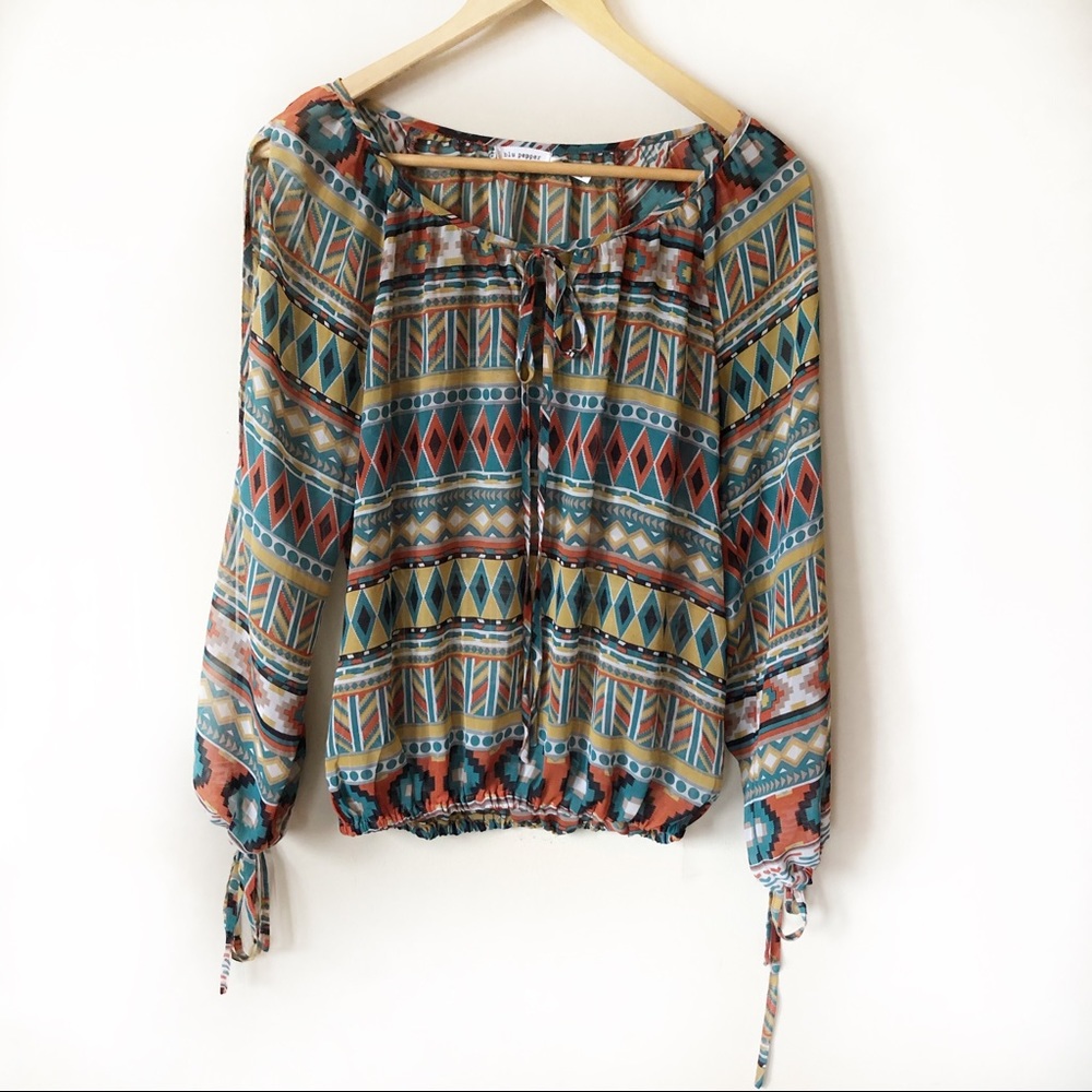 Blu Pepper Boho Aztec Cold Shoulder Sheer Top